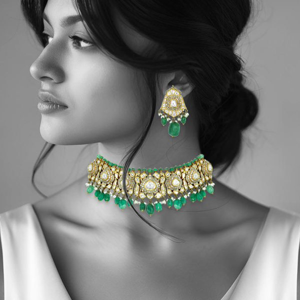 Victorian Rose-Cut Diamond Choker Set with Emerald Beads